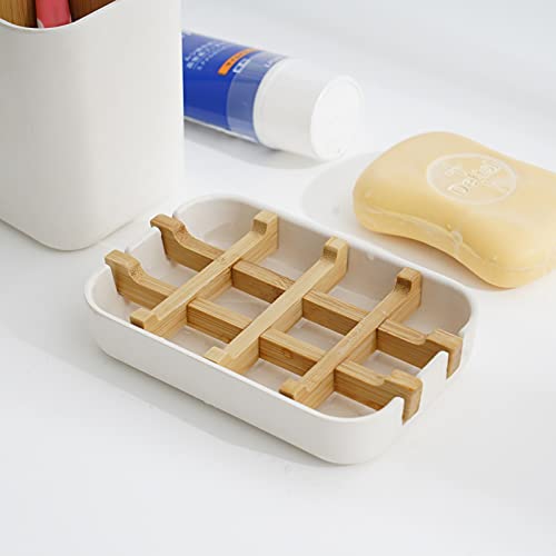 2 Pack Bamboo Soap Dish - Self-Draining Natural Wooden Bar Soap Holder (White)
