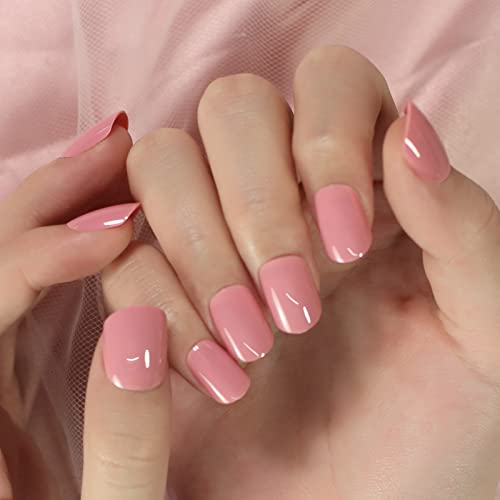 IKISKT Glossy Peach Pink Press on Nails Short Squoval Reusable False Nails