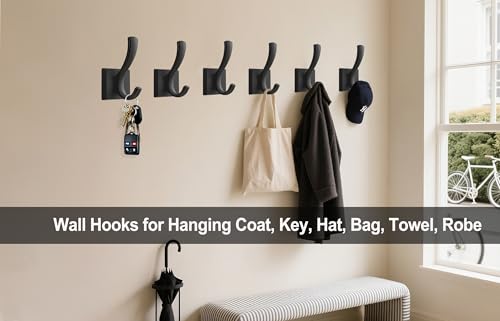 Heavy Duty Black Towel Hooks - 2 Pack Wall Mount for Coats, Towels, and Bags