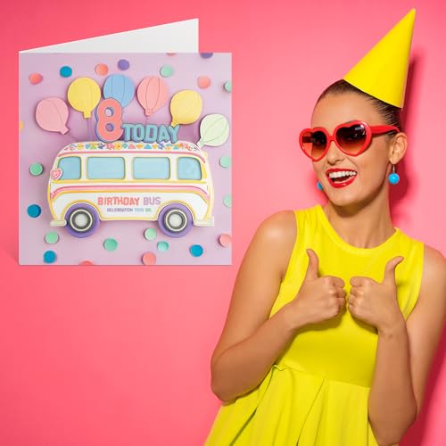 Cute 8th Birthday Card for Girls - Balloon Bus Design