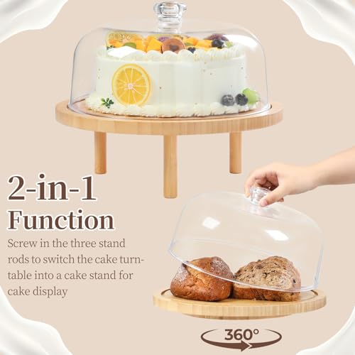 Ohuhu Cake Stand with Lid, Bamboo 2-in-1 Cake Turntable Cake Holder Plate Serving Platter with Acrylic Dome Three Detachable Supports for Birthday Kitchen Party Baking Decorative Mothers Day Gifts