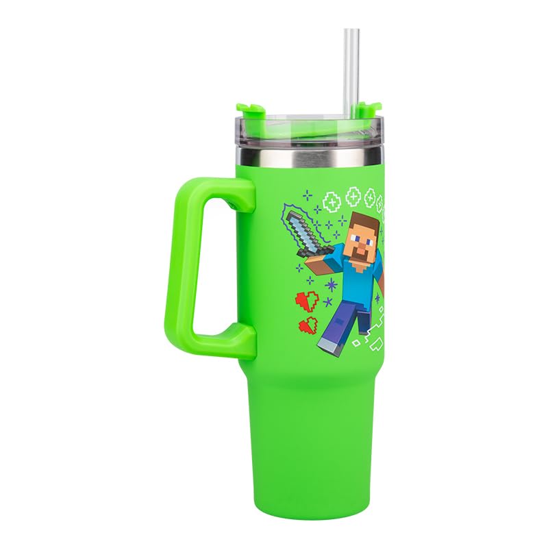 Paladone Minecraft Steve & Creeper 30 oz Green Insulated Cup and Straw, Officially Licensed Tumbler Travel Cup with Handle for Iced Tea or Coffee, Gaming Merchandise