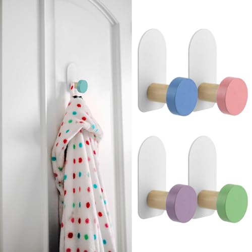 SYCOOVEN 5 Pcs Cartoon Animal Wall Hooks - Self-Adhesive Wooden Coat Hooks