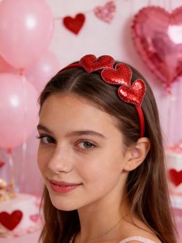 Red Sequin Heart Headband Glitter Love Hair Hoop for Valentine Day