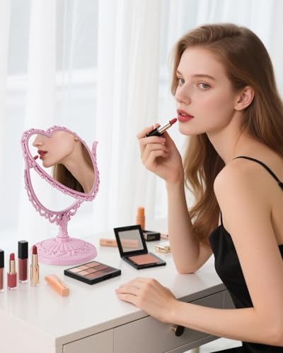 Pink Heart Shaped Double-Sided Rotatable Vanity Mirror for Desk - Cute Coquette Decor