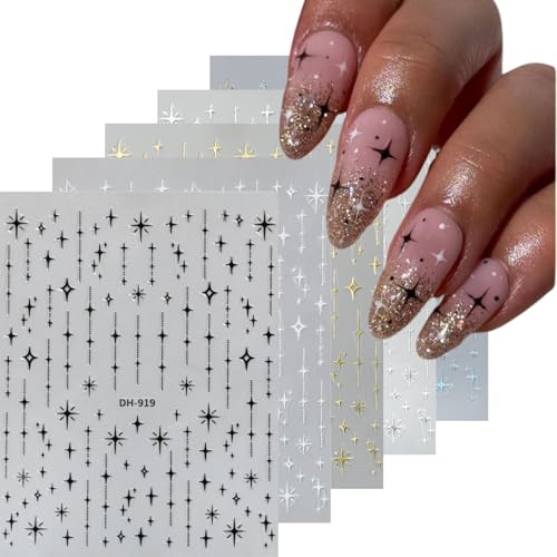 Star Nail Stickers 5 Sheets Holographic Gold Silver Black White Decals