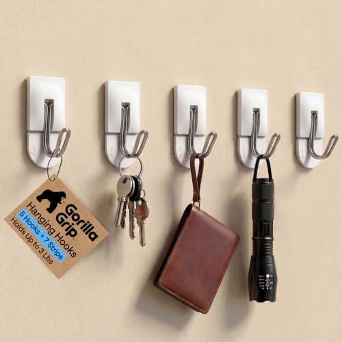 GORILLA GRIP Heavy Duty Adhesive Wall Hooks - 5 Pack, Damage-Free, No Tools Required