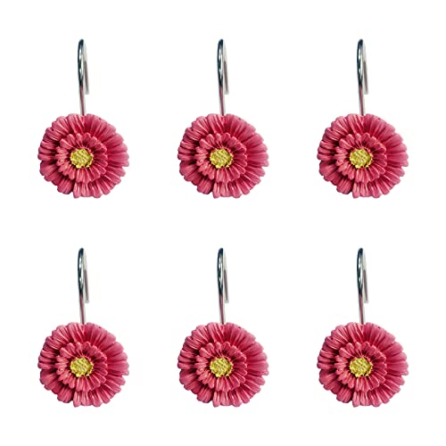 Twofishes Pink Daisy Flower Shower Curtain Hooks - Set of 12 Rust Proof