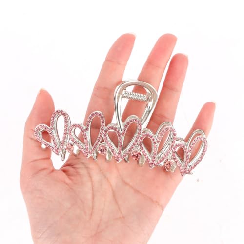 Pink Rhinestone Heart Large Hair Claw Clip for Women