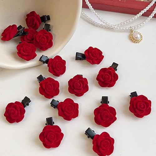 ASVNRES Red Rose Hair Clips 10-Pack Mini Flower Hair Barrettes and Pins