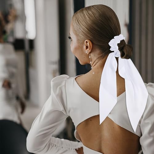 Mabor White Satin Hair Scrunchies with Bow Tails - 2 Pcs Elastic Hair Scarf
