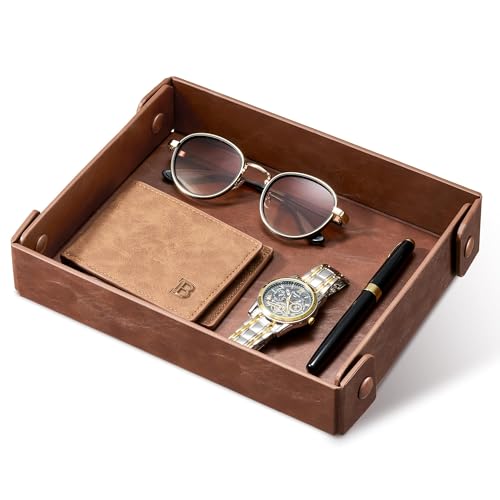 Josmimic Valet Tray Organizer, Collapsible Faux Leather Catch All - Brown