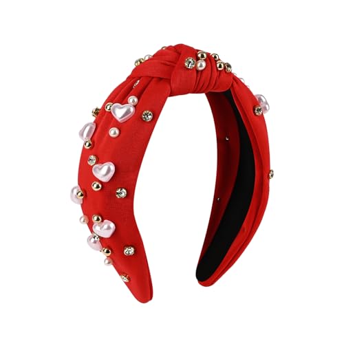 Yonchic Red Crystal Pearl Knotted Headband for Women Rhinestone Hair Band