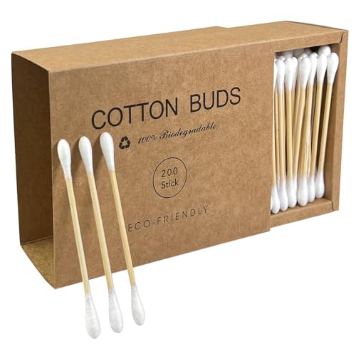 Garrelett Organic Bamboo Cotton Swabs 200 Count - Biodegradable Makeup & Skincare Tips