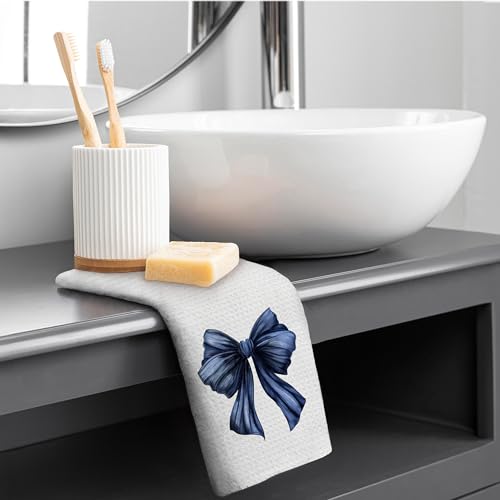 PIUD Navy Blue Bow Kitchen Towels, Preppy Waffle-Weave Hand Towels 16x24