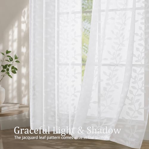Light Filtering Leaf Jacquard Sheer Curtains 84" Long - 2 Panels Set, 37"W Each