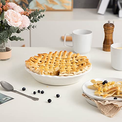 9 Inch Ceramic Pie Dish with Lace Emboss - Deep Ruffle Pie Pan for Baking, White