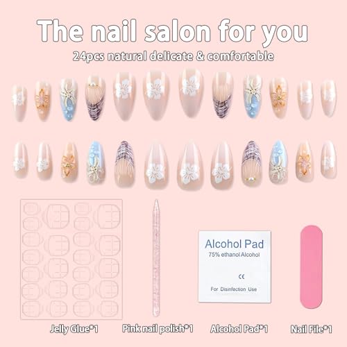 Quezadyl 3D Flower Press On Nails Medium Almond Shell Rhinestone False Nails