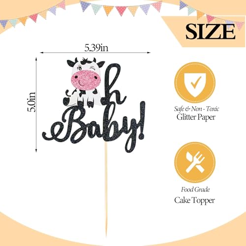 Cow Theme 'Oh Baby!' Cake Topper - Black Glitter Baby Shower Decoration