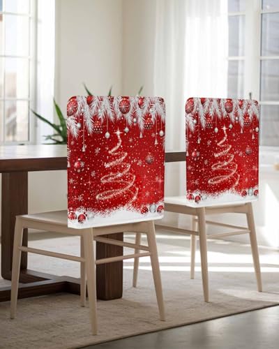 6PCS Christmas Chair Covers Set - Red Sparkle Ornaments, Slipcover for Dining Chairs
