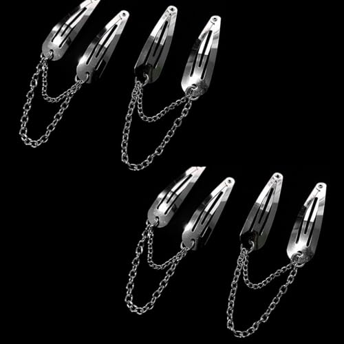 Silver Metal Snap Hair Clips with Chain Cross and Heart Pendants 4Pcs