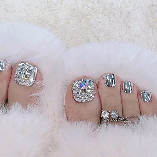 MISUD Silver Chrome Press on Toenails with Rhinestones 24 pcs