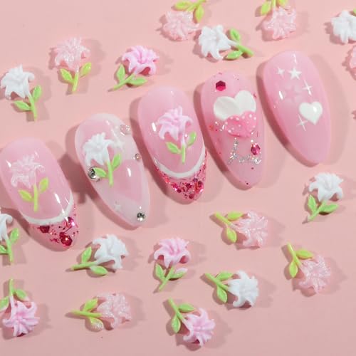 50Pcs 3D Lily Flower Resin Nail Charms Flatback Y2K Nail Art Supplies
