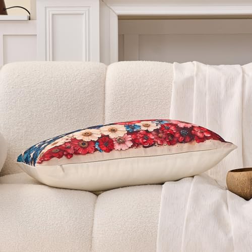 Patriotic Floral American Flag Lumbar Pillow Cover 12x20 Farmhouse Decor