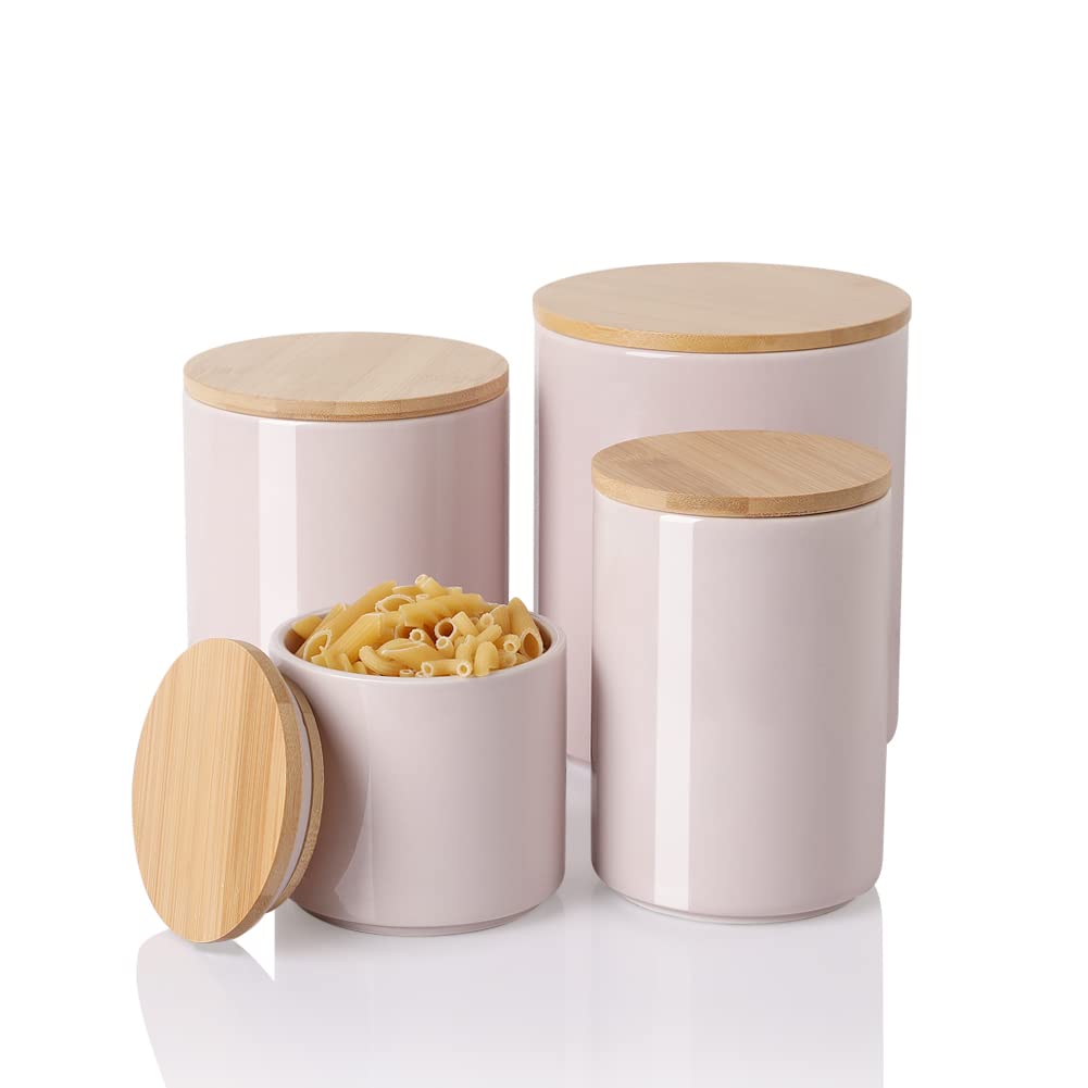 Sweejar Kitchen Canisters Ceramic Food Storage Jar Set, Stackable Containers with Airtight Seal Wooden Lid for Serving Ground Coffee, Tea, Herbs, Grains, Sugar, Salt - Set of 4 (Pink)