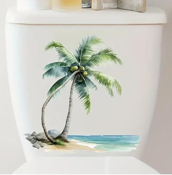 Tropical Beach Palm Tree Toilet Seat Decals - Waterproof Floral Design