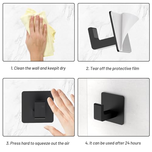 Adhesive Towel Hooks - 4 Pack Matte Black Heavy Duty Towel Holders