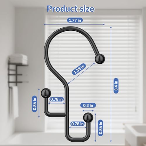Goowin Black Double Shower Curtain Hooks - Rust-Proof Metal Rings (12 Pcs)