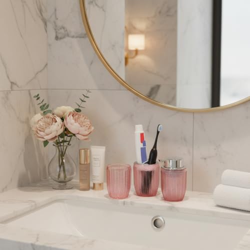 Tonxus 3-Piece Pink Glass Bathroom Accessory Set with Soap Dispenser