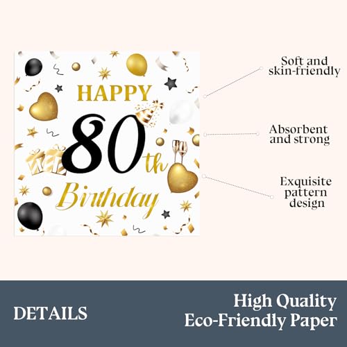 50-Pack 80th Birthday Paper Napkins - White & Gold Elegant Design