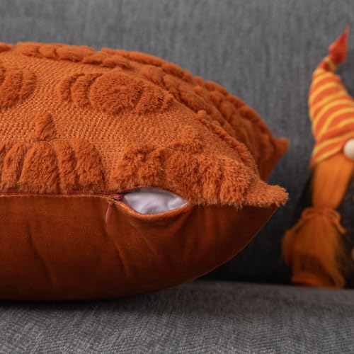 Fall Pillow Covers Set of 2 | 18x18 Rust Pumpkin Plush Cases