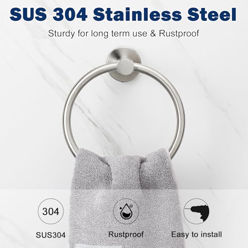 NearMoon Brushed Nickel Bath Towel Ring, Wall-Mounted Stainless Steel Holder