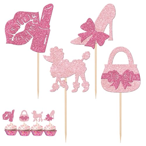 Glitter Pink Princess Cupcake Toppers - 30 PCS Party Decorations