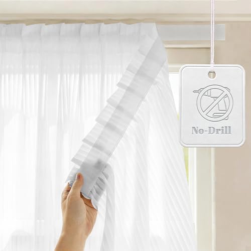 Adhesive Sheer Window Curtains - Vertical Stripe, No-Drill, 35"x55", White