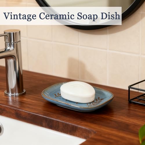 HighHerz Blue Ceramic Soap Dish - Aesthetic Soap Holder for Shower