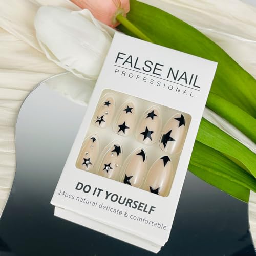 Pink French Tip Almond Press On Nails with 3D Star Charms - 24PCS