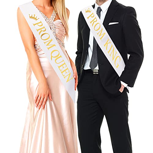 Prom King & Queen Satin Sashes - White with Gold Print