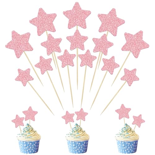 30 Glitter Star Cupcake Toppers for Birthday Parties - Pink