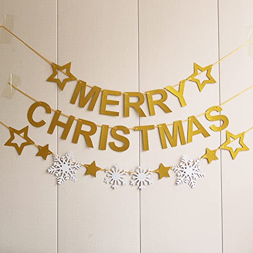 Merry Christmas Banner & Glitter Hanging Decor Set with Gold Stars & Snowflakes