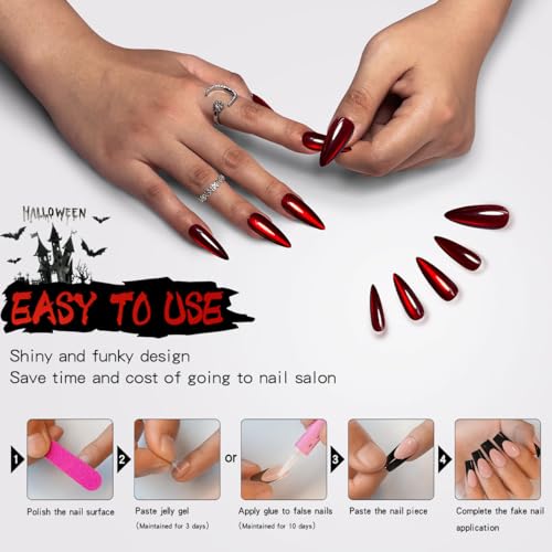 Red Vampire Cat Eye Press On Nails Long Stiletto Acrylic False Nails Kit
