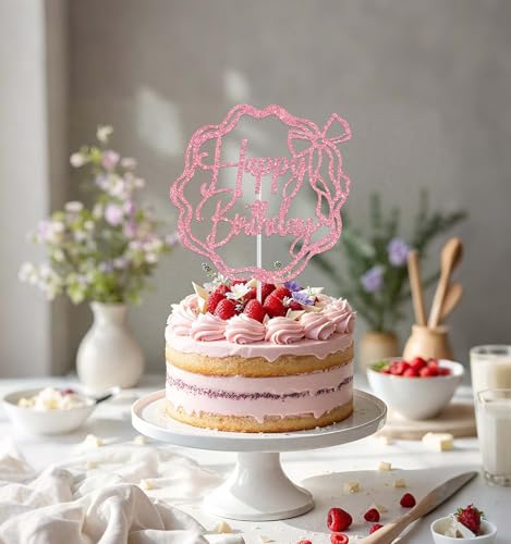 Pink Bow Happy Birthday Cake Topper - Glittery Decoration