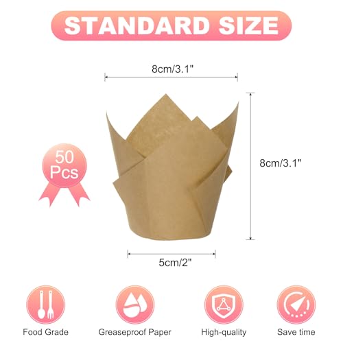 50 Pcs Tulip Baking Cups for Cupcakes Muffins - Brown, Greaseproof Paper Liners
