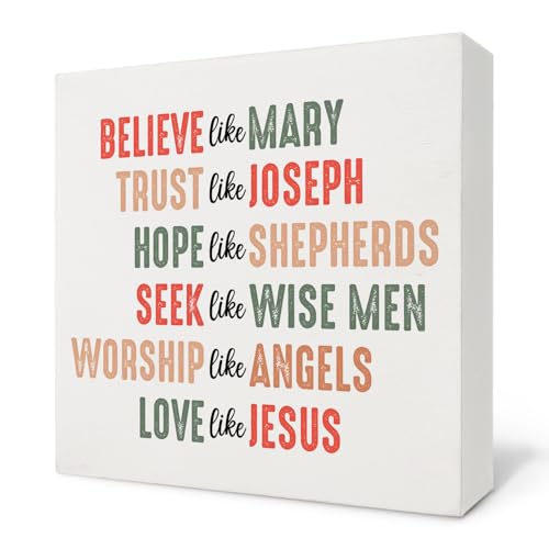 Christmas Wooden Sign - Believe Like Mary Inspirational Rustic Decor, 5x5 Inches - Holiday Home & Office Decor