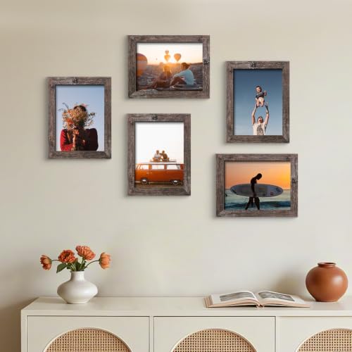 SESEAT 4x6 Picture Frame Set of 4, Rustic Brown Thin Border Gallery Frames