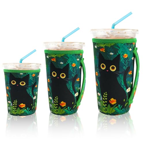 3-Pack Reusable Iced Coffee Sleeves - Insulated Neoprene - Black Cat Design