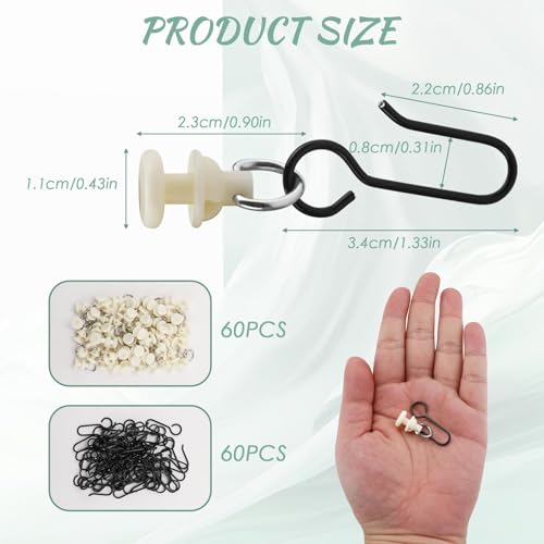 60 Pcs Black Shower Curtain Hooks & Gliders Set - Durable Plastic & Stainless Steel